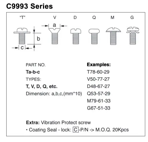 C9993SeriesScrew(HardwaresSeriesforConnectors,SecurityConnections,CableAssembly&ComputerPeripheral,Ect.